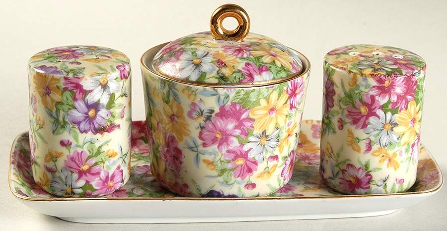 Barrington Bouquet 5-Piece Condiment Set (Salt, Pepr, Mustard & Tray) by Royal Crown (Japan)-1