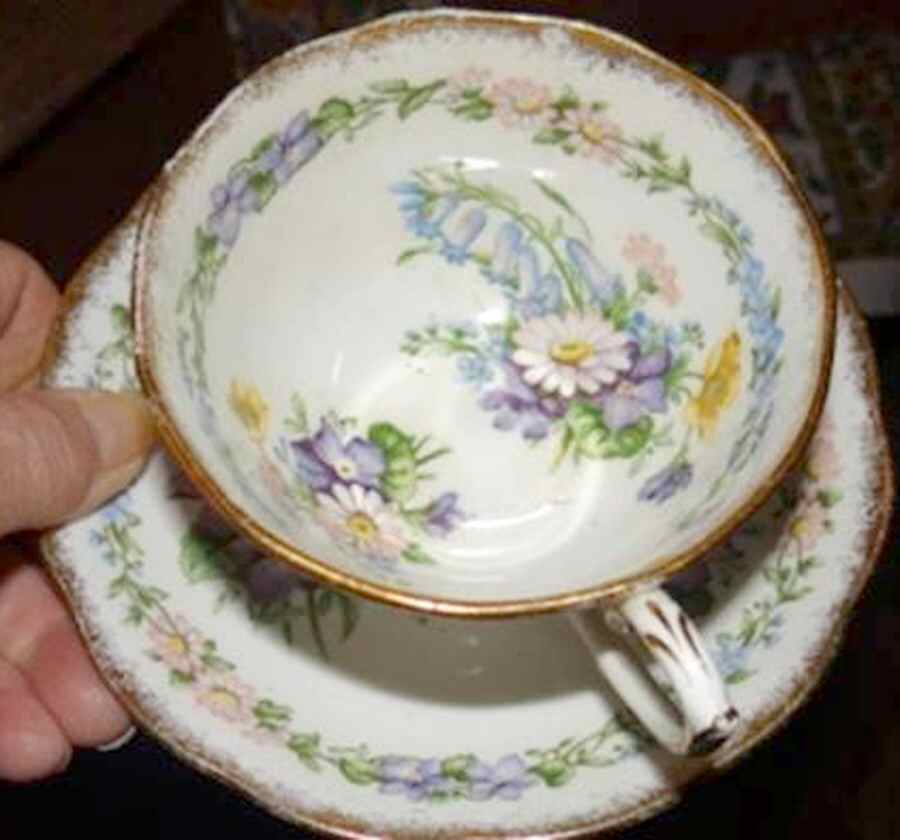 Garland (Brushed Gold Trim) Flat Cup & Saucer Set by Roslyn (England)-1
