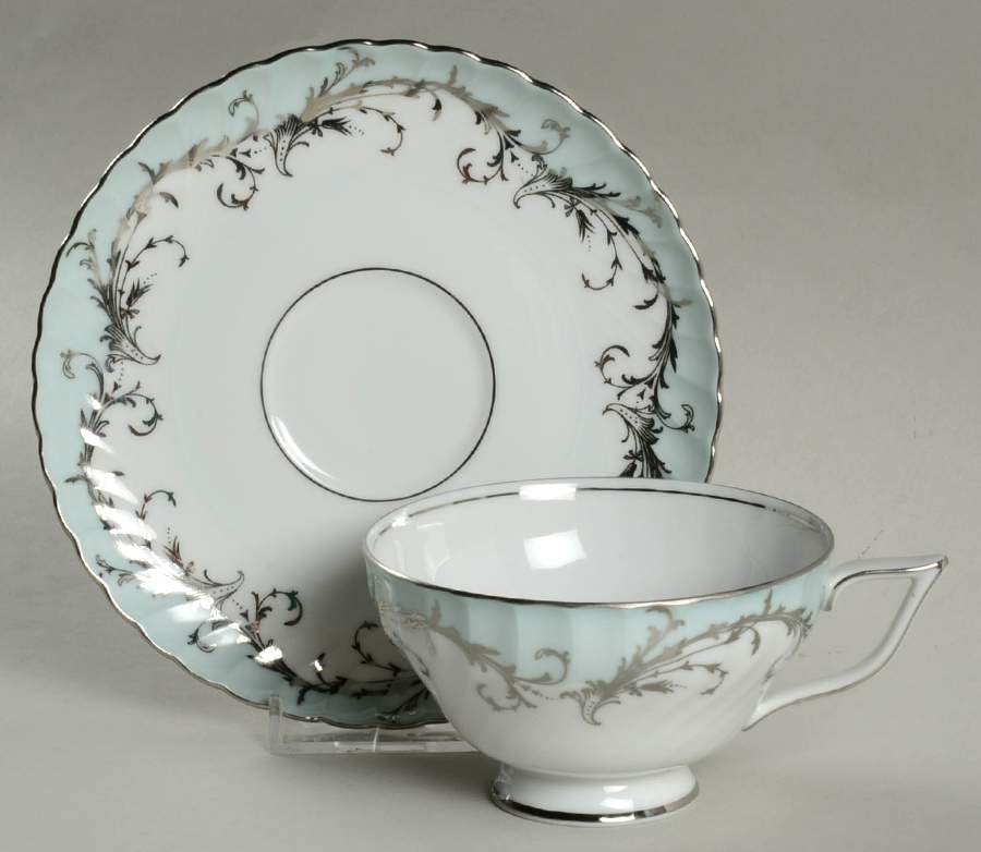 Elegance Blue Green (Platinum Trim) Footed Cup & Saucer Set by Royal Tettau-1