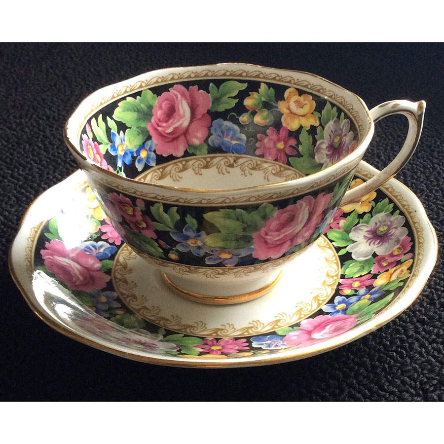 Black Velvet Footed Demitasse Cup & Saucer Set by Roslyn (England)-1