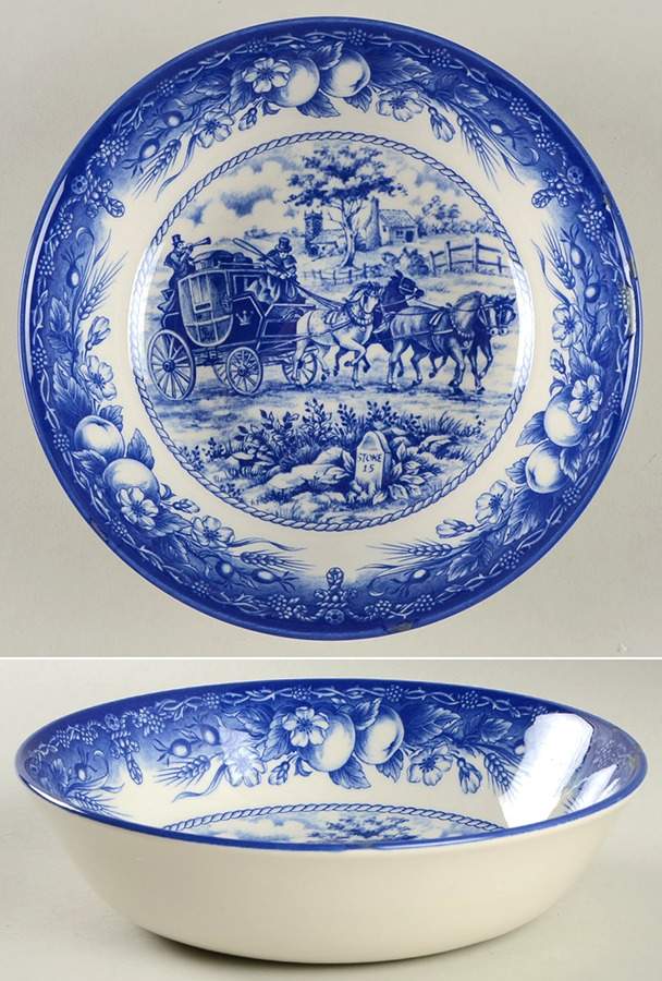 Coaching Scene Blue (Fruit Border) Soup/Cereal Bowl by Royal Stafford-1