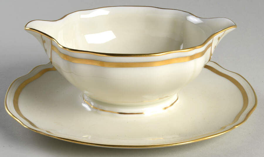 Marie Antoinette Gold on Cream Gravy Boat with Attached Underplate by Raynaud-1