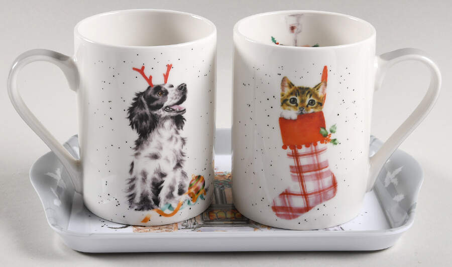 Wrendale Designs Christmas Mug Motif 32A - Set of 2 & Melamine Tray by Royal Worcester-1