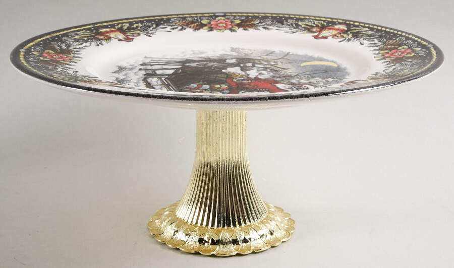 Santa's Sleigh (Lantern Border) Cake Stand with 4"-5" Metal Pedestal  Hc by Royal Stafford-1