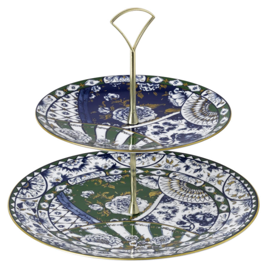 Victoria's Garden Blue and Green 2 Tiered Serving Tray (Dinner & Salad Plate) by Royal Crown Derby-1