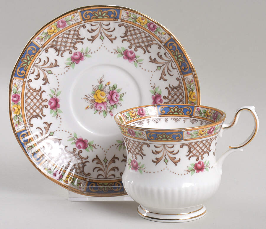 Kenilworth (Tan Band-Blue Panel) Footed Cup & Saucer Set by Rosina-Queens-1
