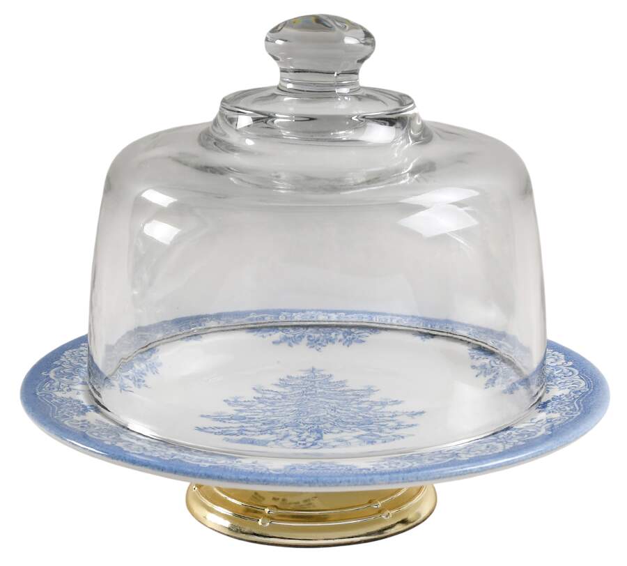 Christmas Tree-Prague Blue 6 1/2"-7 1/2" Footed Cheese Plate w/ Glass Dome HC by Royal Stafford-1