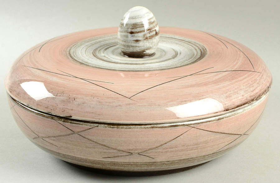Stylized Spirals Brown and Pink Round Covered Vegetable by Santa Anita-1