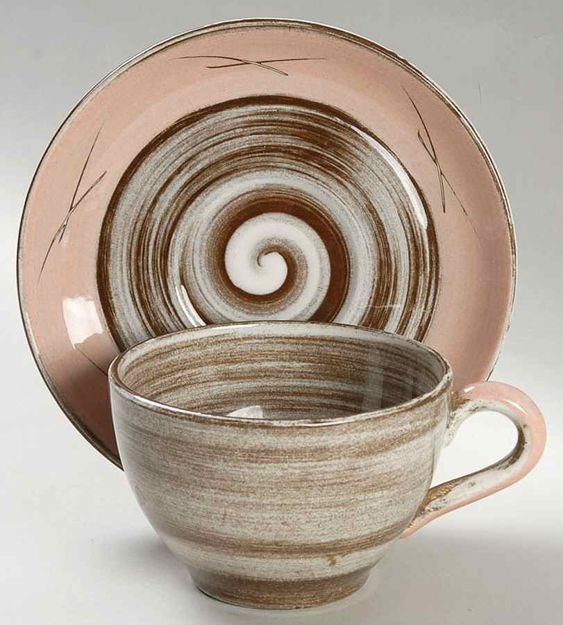 Stylized Spirals Brown and Pink Flat Cup & Saucer Set by Santa Anita-1