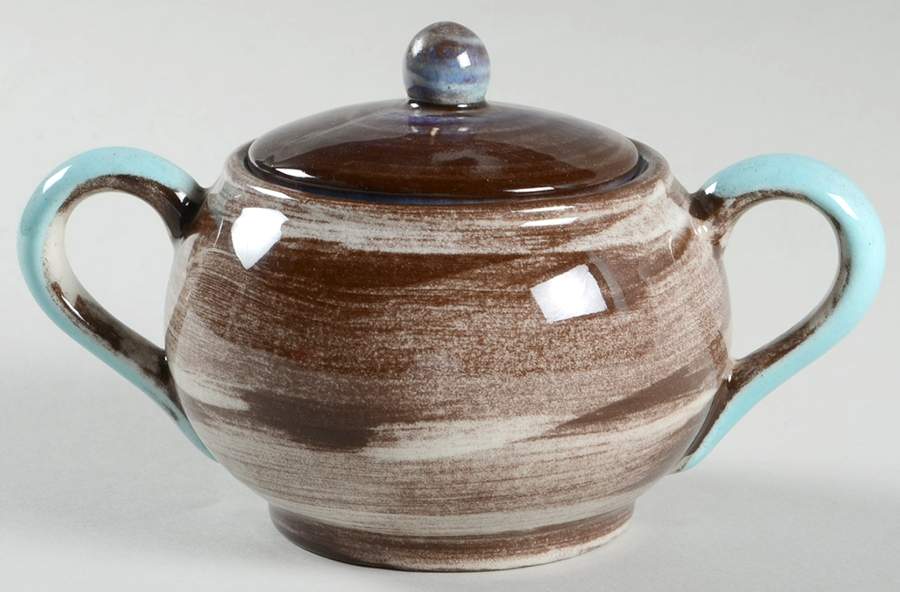 Stylized Spirals Brown and Turquoise Sugar Bowl & Lid by Santa Anita-1