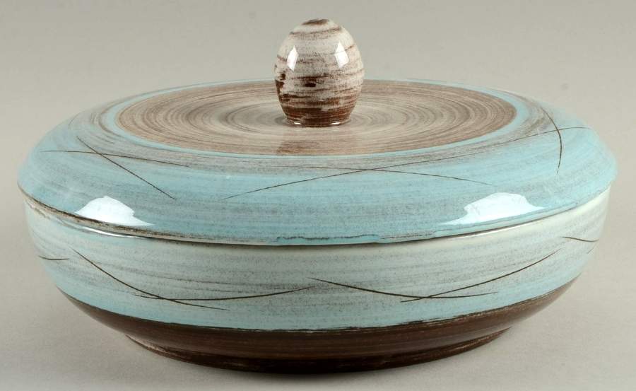 Stylized Spirals Brown and Turquoise Round Covered Vegetable by Santa Anita-1