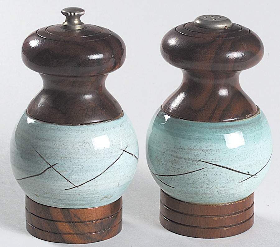 Stylized Spirals Brown and Turquoise Salt Mill & Pepper Mill Set by Santa Anita-1