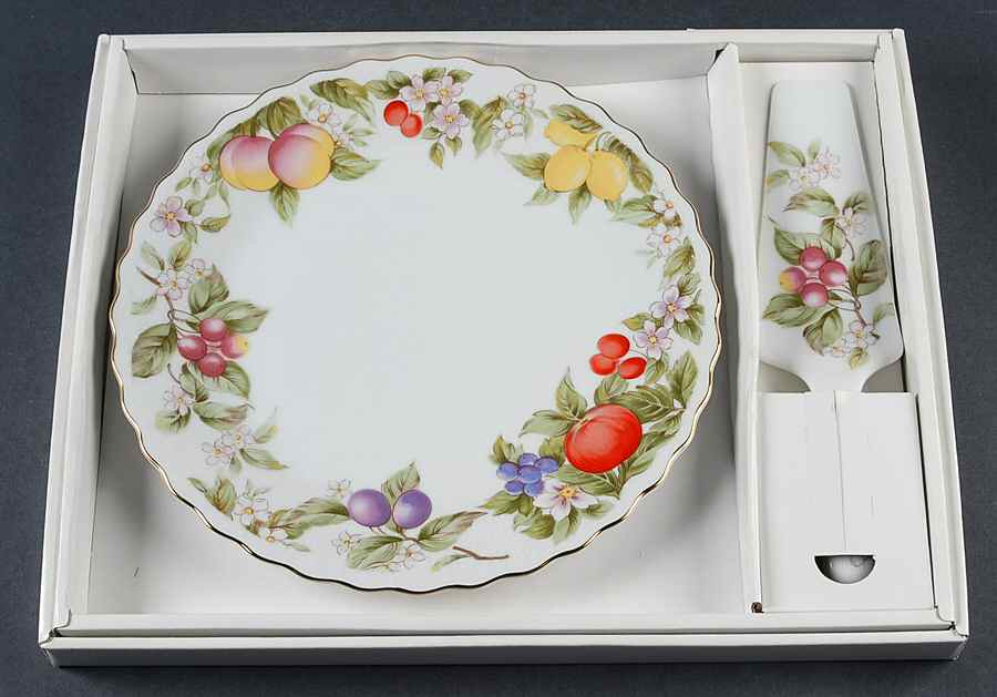 Fruit & Blossoms Cake Plate & Solid Ceramic Server Set (Boxed) by Sadek-1