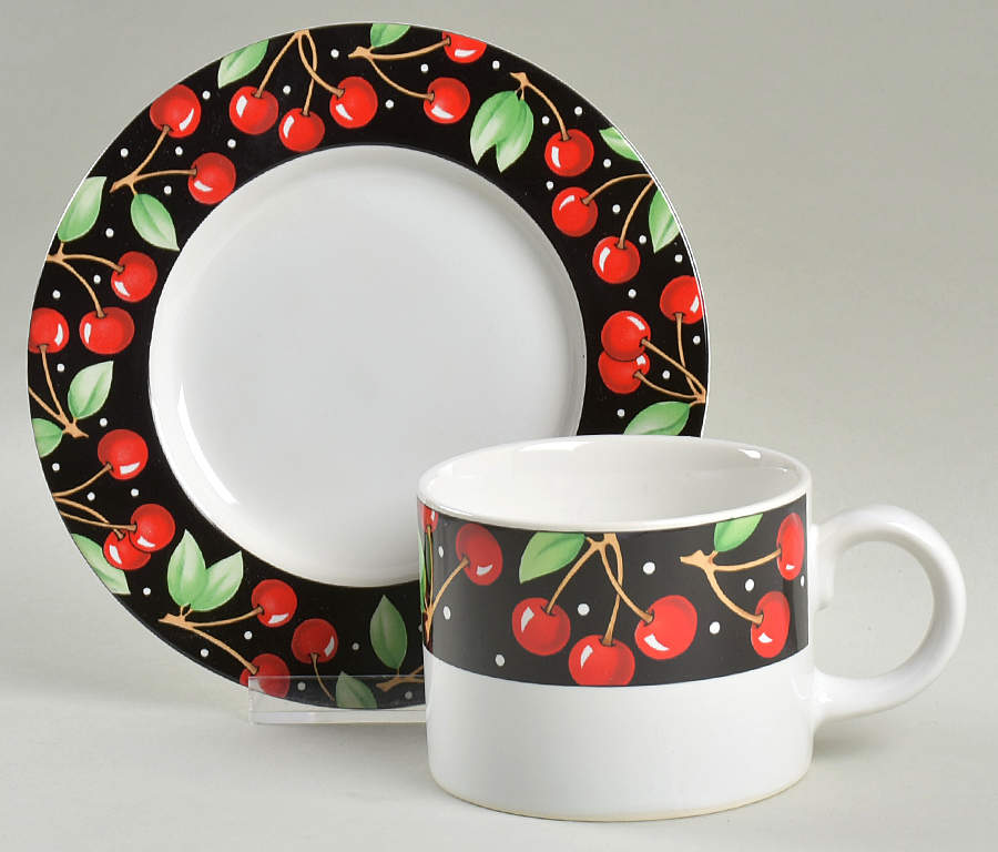 Cherries (No Verge) Flat Cup & Saucer Set by Sakura-1
