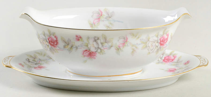 Angelique (White & Pink Roses) Gravy Boat with Attached Underplate by Sango-1