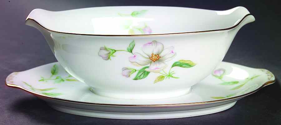 Apple Blossom (Fine China, Rim Shape) Gravy Boat with Attached Underplate by Sango-1
