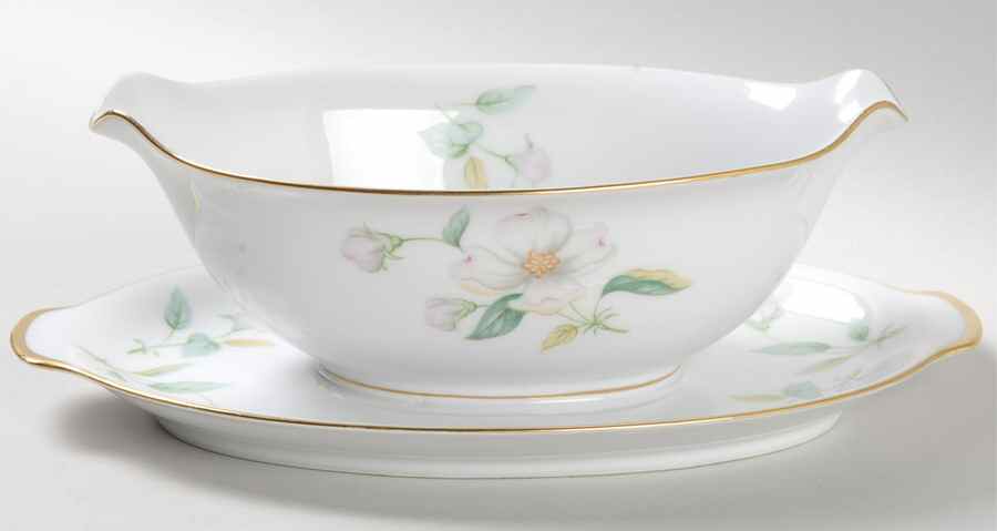 Apple Blossom (Fine China, Coupe Shape) Gravy Boat with Attached Underplate by Sango-1