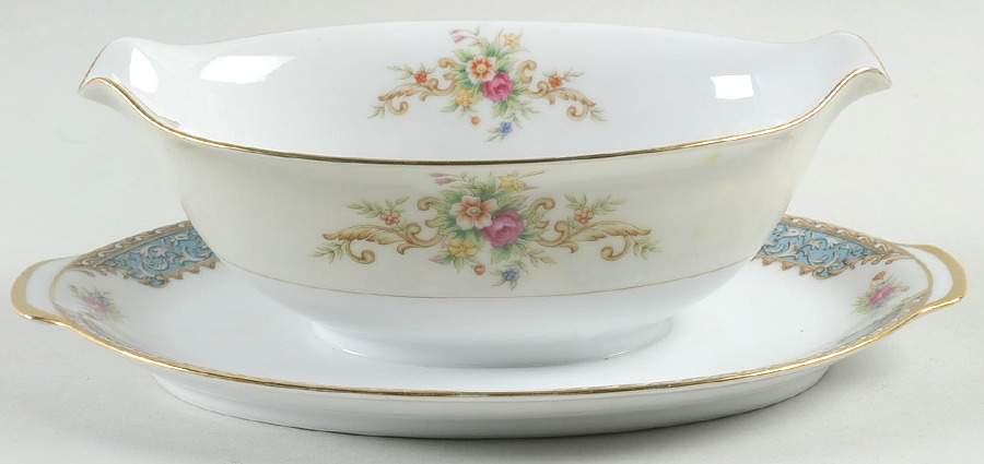 Blue Dawn Gravy Boat with Attached Underplate by Sango-1