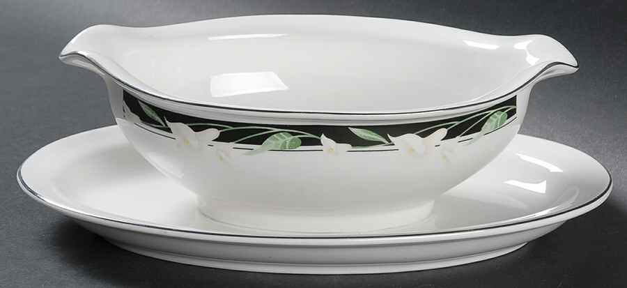Black Fantasy Gravy Boat with Attached Underplate by Sango-1