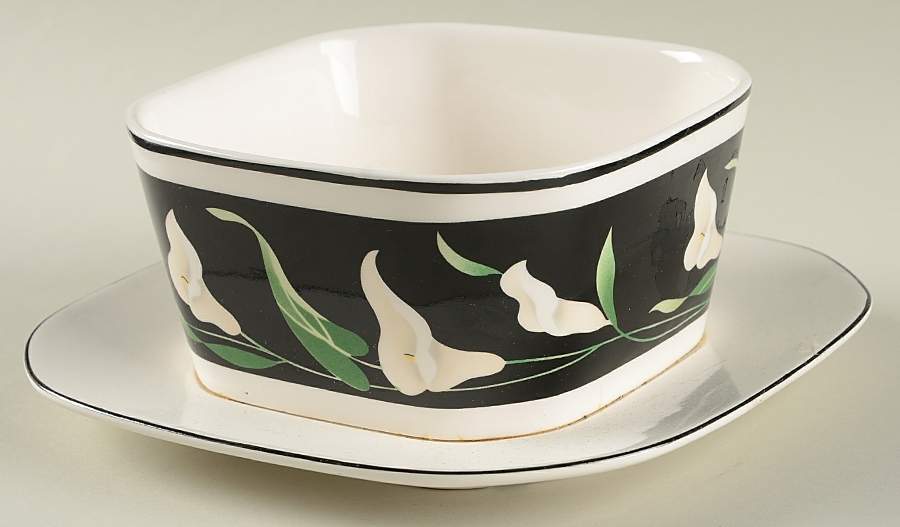 Black Lilies (Quadrille) Gravy Boat with Attached Underplate by Sango-1
