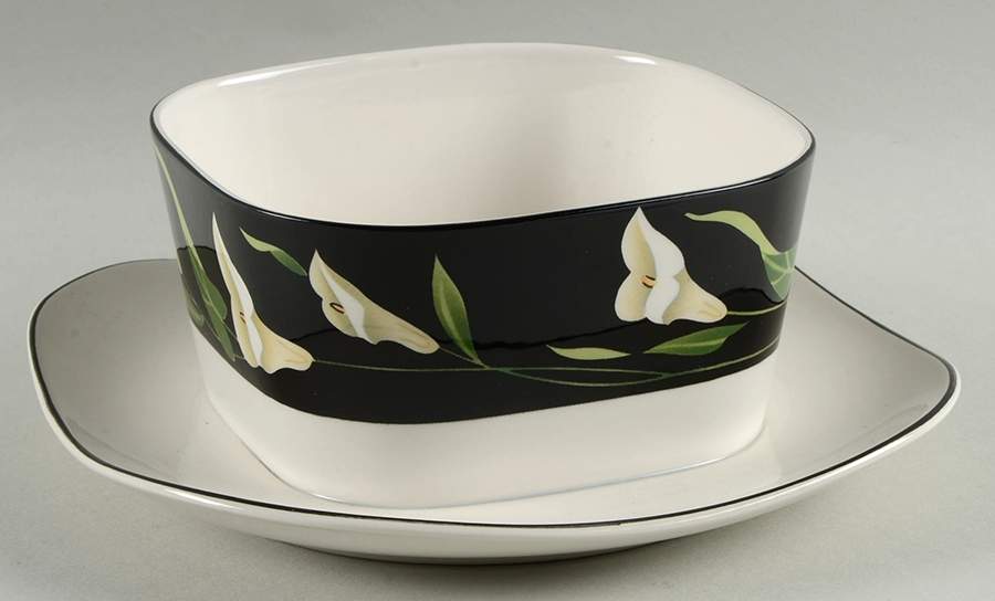 Black Lilies (Quadrille) Gravy Boat with Attached Underplate by Sango-1