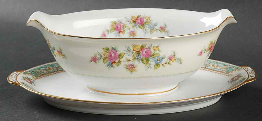 Blue Rose Gravy Boat with Attached Underplate by Sango-1