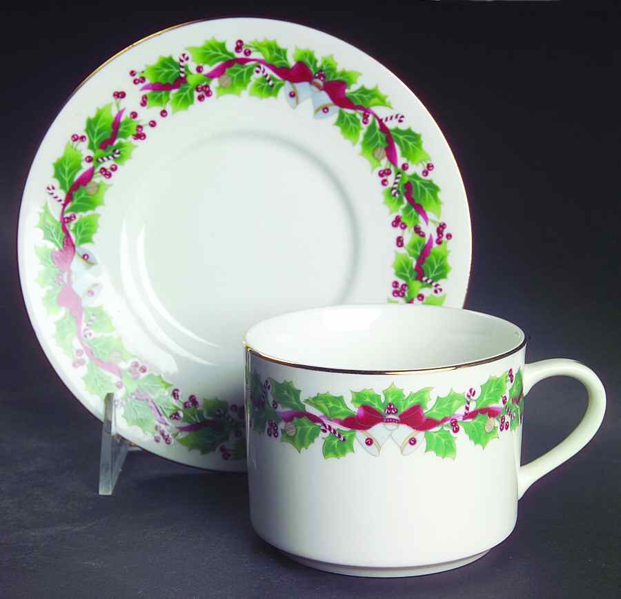 Christmas Holly Flat Cup & Saucer Set by Sango-1