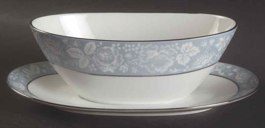 Damask Blue (Platinum Trim) Gravy Boat with Attached Underplate by Sango-1