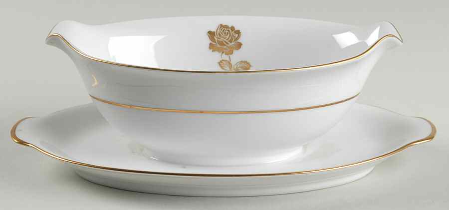 Gold Rose Gravy Boat with Attached Underplate by Sango-1