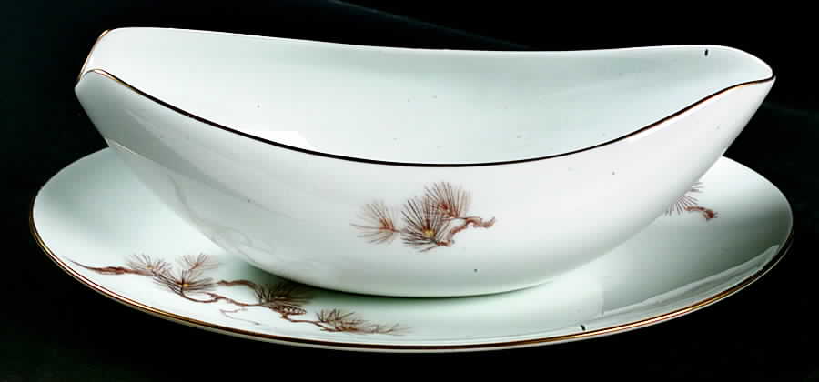 Larchmont (Brown Pine Branch) Gravy Boat & Underplate/Relish by Sango-1