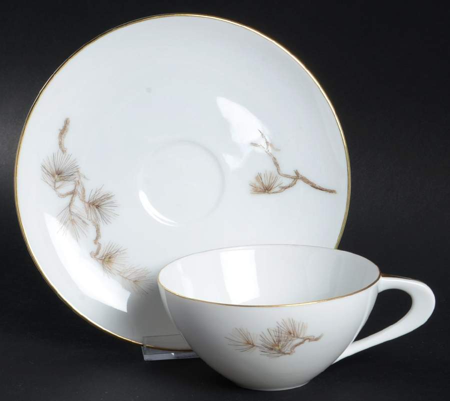 Larchmont (Brown Pine Branch) Flat Cup & Saucer Set by Sango-1