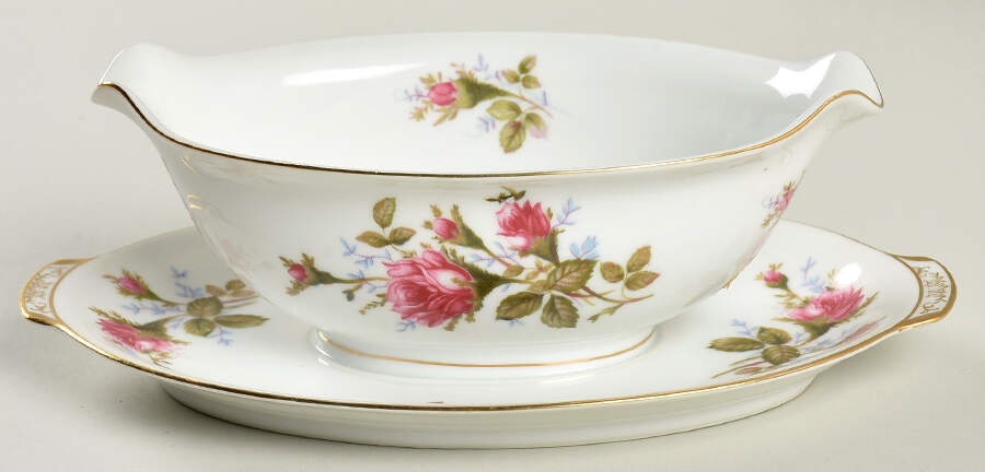 Moss Rose (Coupe Shape) Gravy Boat with Attached Underplate by Sango-1