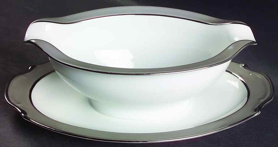Platina (White with Gray Color Band) Gravy Boat with Attached Underplate by Sango-1
