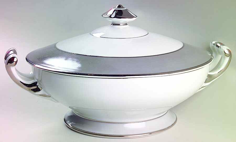 Platina (White with Gray Color Band) Large Round Covered Vegetable by Sango-1