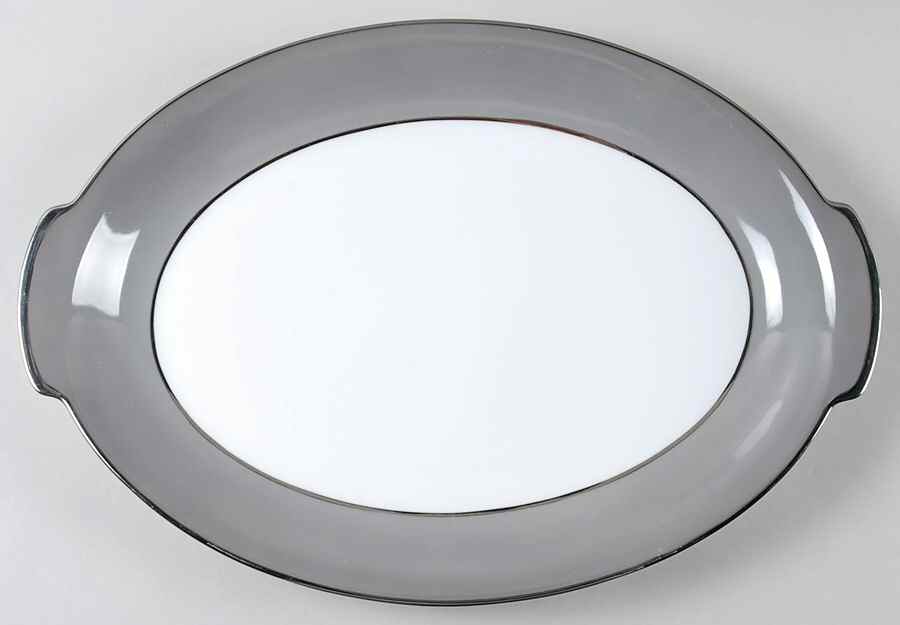 Platina (White with Gray Color Band) 15" Oval Serving Platter by Sango-1