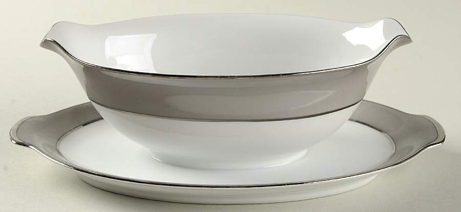 Platina (White with Gray Color Band) Gravy Boat with Attached Underplate by Sango-1