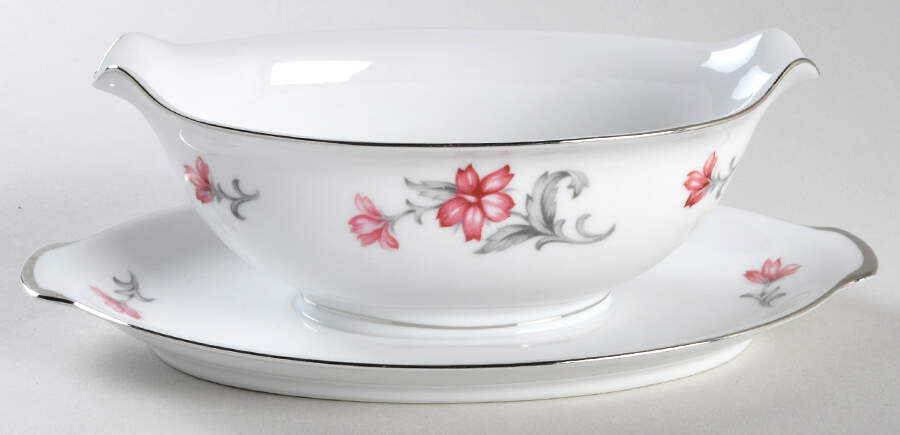 Primrose (No #, Coupe, Platinum Trim) Gravy Boat with Attached Underplate by Sango-1