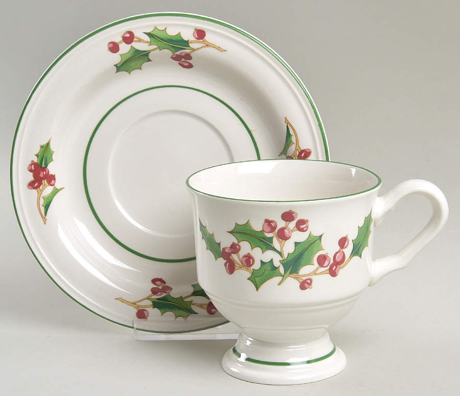 White Christmas Footed Cup & Saucer Set by Sango-1