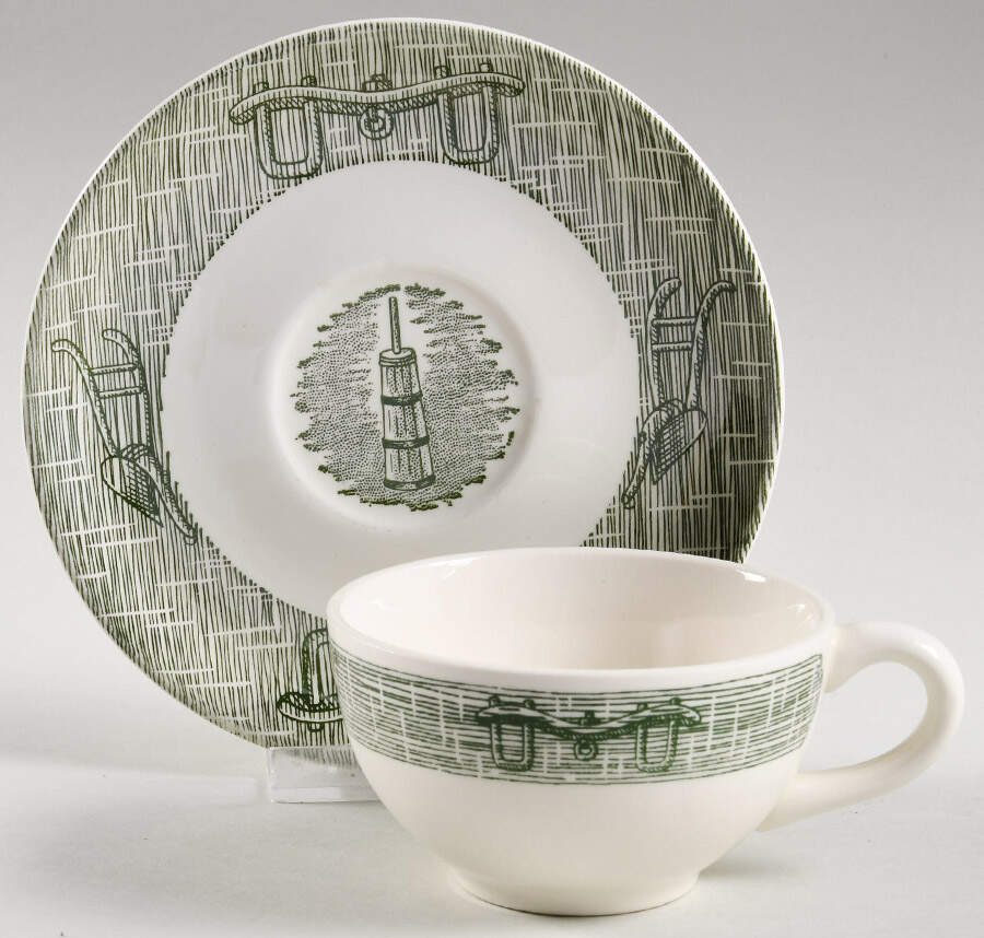 Currier and Ives Green Flat Cup & Saucer Set by SCIO-1