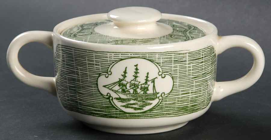 Currier and Ives Green Sugar Bowl & Lid by SCIO-1