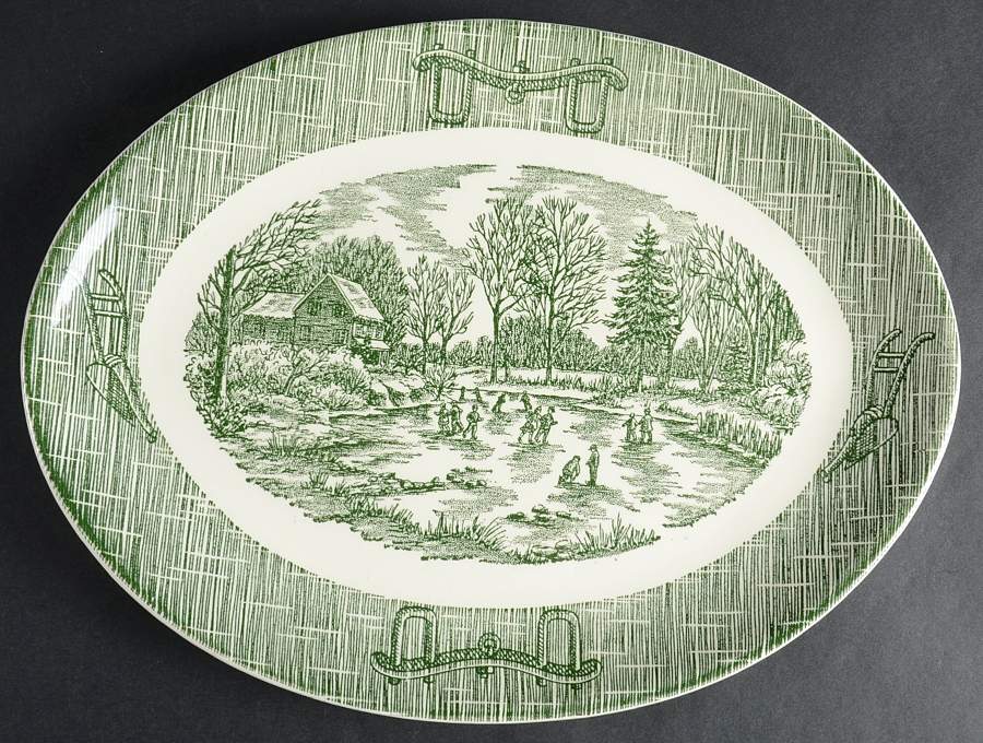 Currier and Ives Green 12" Oval Serving Platter by SCIO-1