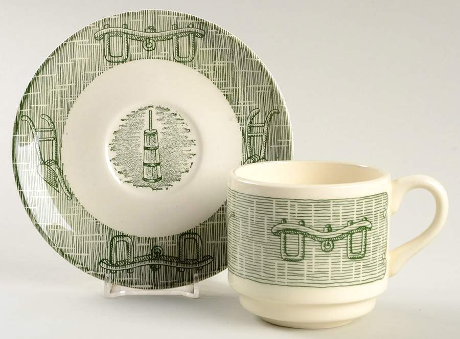 Currier and Ives Green Flat Cup & Saucer Set by SCIO-1