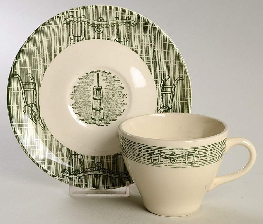 Currier and Ives Green Flat Cup & Saucer Set by SCIO-1