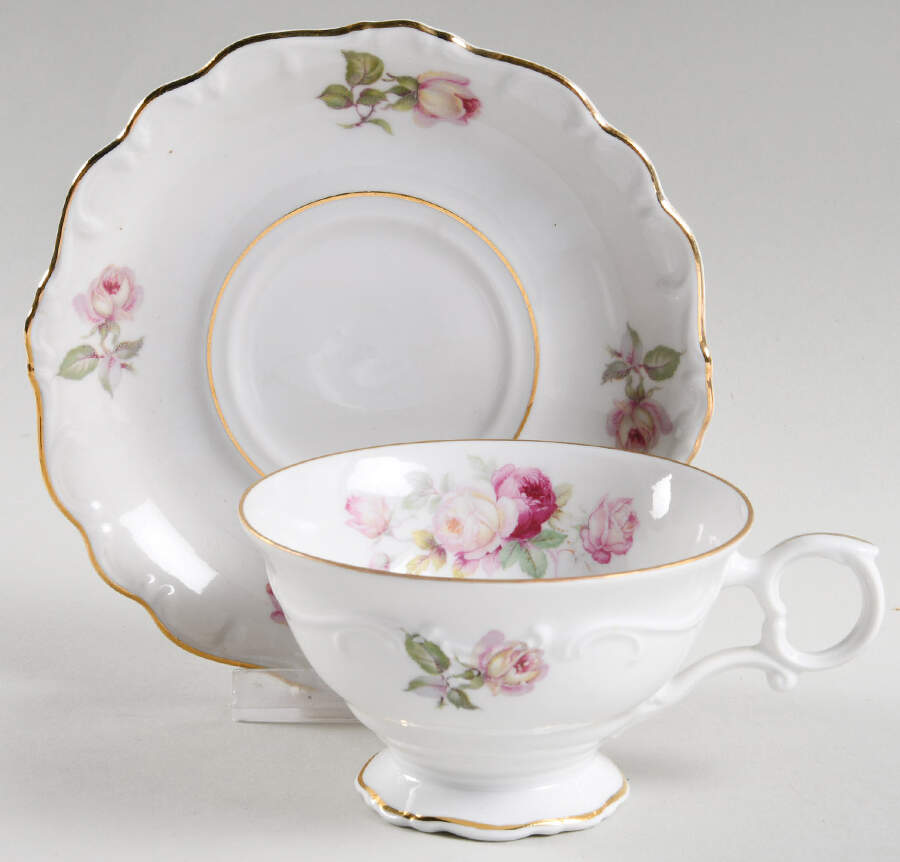 Bavarian Rose-June Rose Footed Cup & Saucer Set by Schumann - Bavaria-1