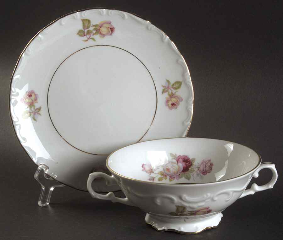 Bavarian Rose-June Rose Footed Cream Soup Bowl & Saucer Set by Schumann - Bavaria-1