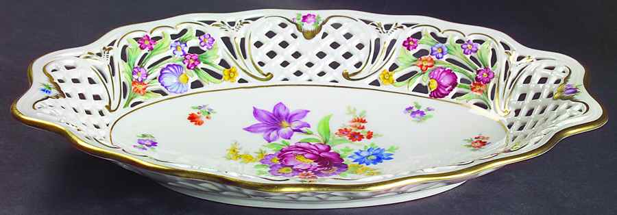Dresden Line-Bouquet (Pierced) 12" Pierced Oval Bowl by Schumann - Bavaria-1