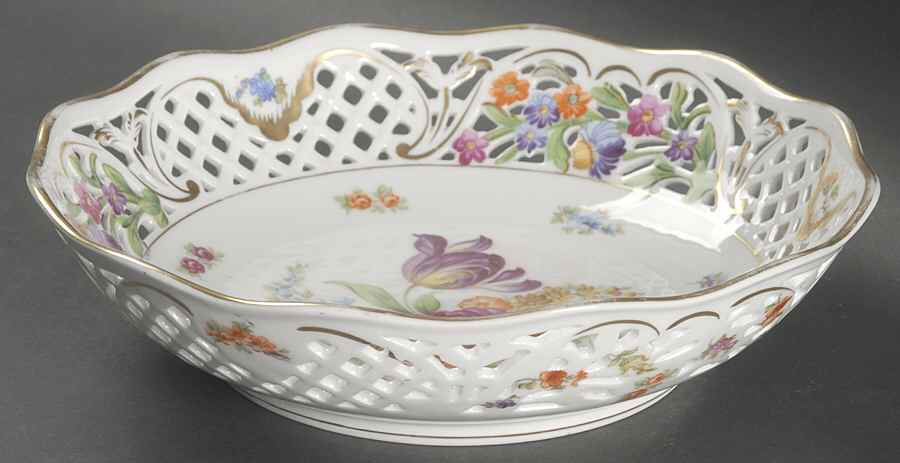 Dresden Line-Bouquet (Pierced) 9" Pierced Round Bowl by Schumann - Bavaria-1