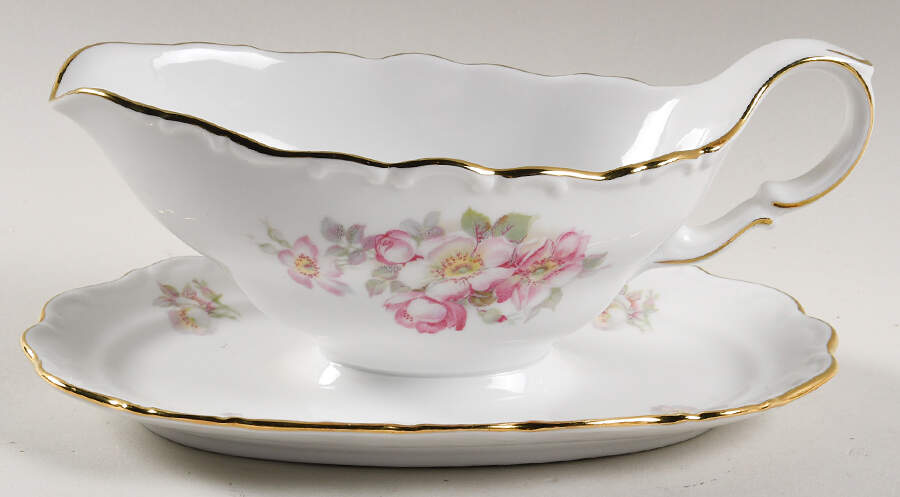 Briar Rose (Gold Trim) Gravy Boat with Attached Underplate by Schumann - Bavaria-1