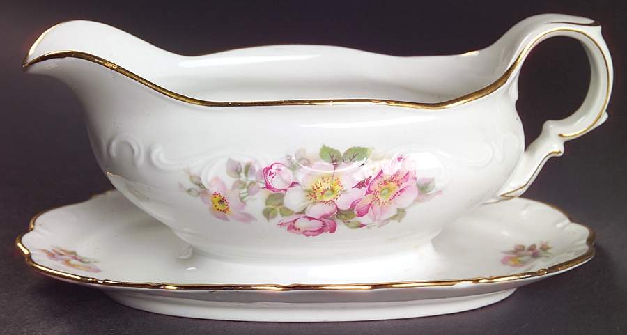 Briar Rose (Gold Trim) Gravy Boat with Attached Underplate by Schumann - Bavaria-1