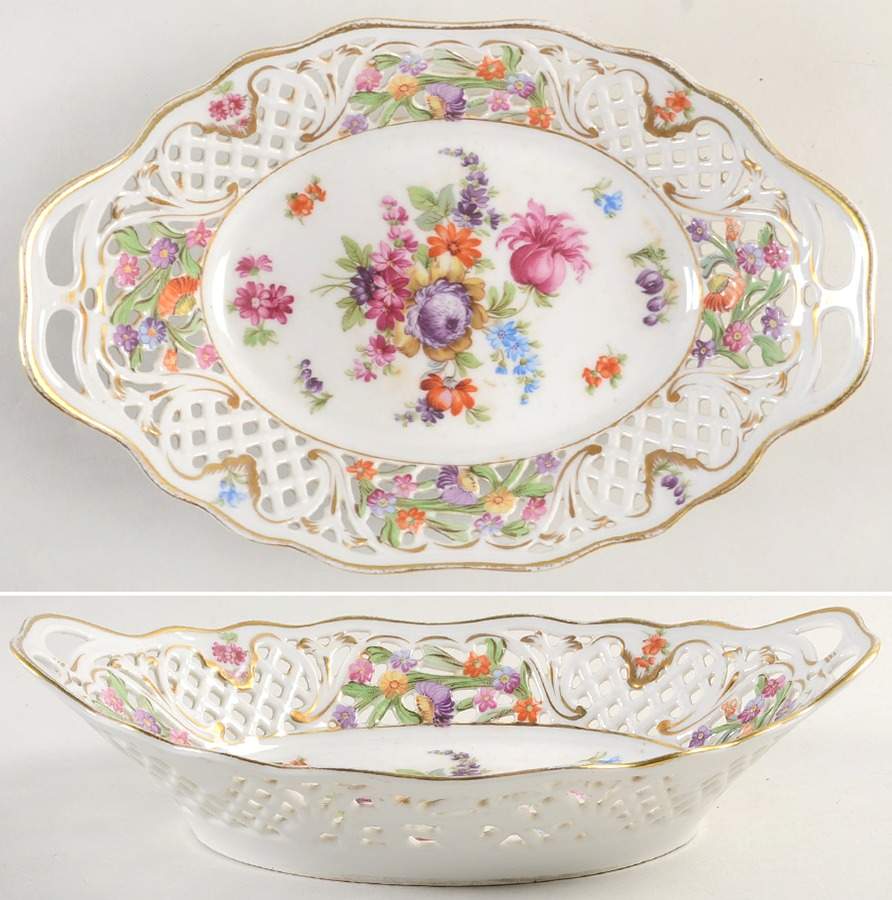 Dresden Line-Bouquet (Pierced) 10" Oval Pierced Basket by Schumann - Bavaria-1
